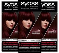 Syoss Color Coloration 4_22 - Tinte permanente para el cabello hasta 10 semanas de intensidad del color y un 70% menos de rotura, color rojo brillante 3 (3 x 115 ml)