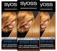 Syoss Color Coloration 8_7 rubio miel nivel 3 (3 x 115 ml), color permanente para hasta 10 semanas de intensidad del color y un 70% menos de rotura*