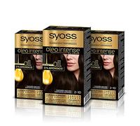 Syoss Oleo Intense - Tinte 2-10 Negro Castaño - Coloración permanente Sin Amoníaco - Cobertura profesional de canas - Resultados de peluquería (Pack De 3)