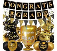 Syoulin-21piezas Decoración de graduación, Negro y Oro Congrats Grad Banner，graduado Globos de papel de aluminio，Remolinos Colgantes Bandera de triángulo de graduación Globos de Fiesta