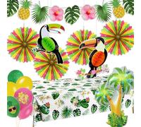 Syoulin Decoración para fiesta hawaiana, fiesta tropical y verano, cumpleaños hawaiano vaiana - Incluye palmeras hinchables, globos de fiesta tropical, mantel desechable y decoración de loros