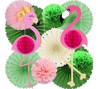 Syoulin-Decoración Selva, Flamencos Rosas, Decoración Fiesta Hawaiana, Fiesta Jardín, Abanicos de Papel, Pompones de Papel-11pcs
