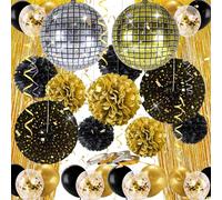 Syoulin Decoraciones para fiestas de cumpleaños, decoraciones para Año Nuevo/ceremonias de graduación/aniversarios, juego de decoraciones festivas en negro y dorado, 35 piezas en total.