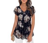 Syphiby Blusas de manga corta con volantes y cuello en V para mujer, blusas de malla fluida, estilo túnica casual, Café negro, XL