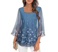 Syphiby Blusas de mujer con manga de 3/4, volantes, estilo túnica, sueltas, de gasa, cuello cuadrado, de doble capa, de malla, M-3XL, Azul floral., M