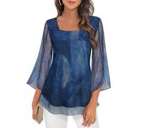 Syphiby Blusas para mujer, con volantes, manga 3/4, holgadas, cuello cuadrado, gasa, camisas de malla de doble capa, tallas M-3XL, Cielo estrellado azul, 3XL