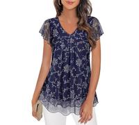 Syphiby Tops de mujer con cuello en V con volantes de manga corta blusas de malla fluida túnica tops camiseta casual, azul marino, XL