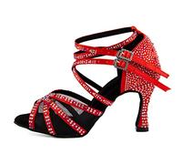 Syrads Zapatos de Baile Latino de salón para Mujer con Diamantes de imitación Salsa Tango Bachata Zapatos de Baile de Interior para Fiesta de Boda graduación,Rojo 9cm Heel,38 EU