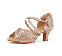 Syrads Zapatos de Baile Latino para Mujer Salsa Tango Bachata Vals con Pedrería Zapatos de Baile de Salón Suela Blanda,Oro 6cm Heel,39 EU