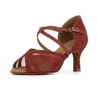 Syrads Zapatos de Baile Latino para Mujer Salsa Tango Bachata Vals con Pedrería Zapatos de Baile de Salón Suela Blanda,Rojo 7.5cm Heel,39 EU