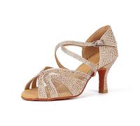 Syrads Zapatos de Baile Latino para Mujer Salsa Tango Bachata Vals con Pedrería Zapatos de Baile de Salón Suela Blanda,Oro 7.5cm Heel,40 EU