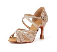 Syrads Zapatos de Baile Latino para Mujer Salsa Tango Bachata Vals con Pedrería Zapatos de Baile de Salón Suela Blanda,Oro 9cm Heel,36 EU