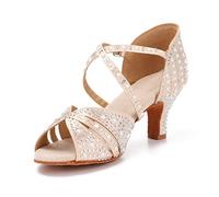 Syrads Zapatos Profesionales de Baile Latino para Mujer Zapatos de Baile de Salsa Bachata con Punta Abierta Diamantes de imitación Brillantes Tacones de Baile Latino,Color Claro 6cm Heel,41 EU