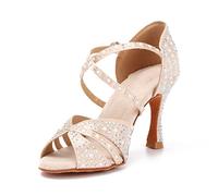 Syrads Zapatos Profesionales de Baile Latino para Mujer Zapatos de Baile de Salsa Bachata con Punta Abierta Diamantes de imitación Brillantes Tacones de Baile Latino,Color Claro 9cm Heel,41 EU