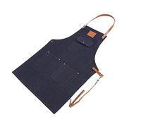 Syrisora Delantal con Pechera Vaquera, Correa de Cuero, Panadero, Barman, Barbacoa, Chef, Trabajo, Uniforme de Cocinero (Azul denim + logo en blanco)