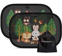 Systemoto protección solar, pasarol, coche bebé con protección UV certificada (juego de 2) - Viseras autoadhesivas para niños con dulces motivos animales (Forest)