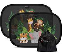 Systemoto protección solar, pasarol, coche bebé con protección UV certificada (juego de 2) - Viseras autoadhesivas para niños con dulces motivos animales (Vida salvaje)