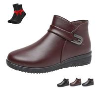 SYT-MD Women's Low Wedge Heel Ankle Booties,Comfortable Soft-Sole Non-Slip Leather Boots, Warm Faux Fur Lined Ankle Booties(Wine Red,41 EU)