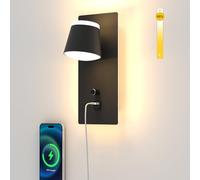 Sytmhoe - Lámpara de pared con puerto USB tipo C, regulable 16 W, 1280 Lm, 3000 K, luz cálida, hotel, salón, aplique con LED, color negro, giratorio de 270 grados, lectores de lámpara de dormitorio