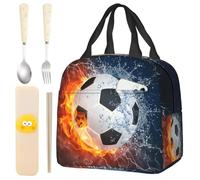 SYTTNUM Bolsa de Almuerzo para niños, Lonchera con Estampado de Fútbol 3D para niños, Juego de vajilla, cuchara, tenedor y palillos, lonchera portátil, bolsa térmica para oficina, escuela, picnic