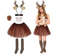 SYTTNUM Disfraz de Reno para Mujer 5 piezas, Tocado Reno y falda de tul y calcetines, Reno Colas Tatuajes Temporales, Disfraz de Reno Animal Adulto, Disfraz Adultos Navidad Halloween Carnaval