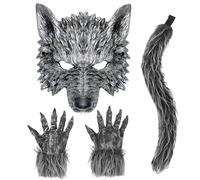 SYTTNUM Disfraz Lobo 3 Piezas Máscara Guantes Garras Cola Peluche, Hombre Lobo Disfraz Adulto Niño Ultrarrealista, Carnaval Halloween Cosplay