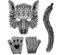 SYTTNUM Set 3 Piezas Disfraz Lobo para Adultos - Máscara, Cola y Guantes de Peluche - Traje de Hombre Lobo Suave para Carnaval Halloween Cosplay