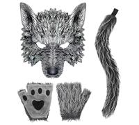 SYTTNUM Set 3 Piezas Disfraz Lobo para Adultos y Niños - Máscara, Cola y Guantes de Peluche - Traje de Hombre Lobo Suave para Carnaval Halloween Cosplay