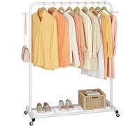 Sywhitta Perchero con ruedas, estante de almacenamiento de malla inferior, marco de metal resistente, estante de ropa con ruedas para colgar ropa, abrigos, faldas, 39.75 pulgadas de largo x 16
