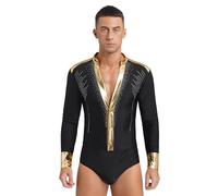 Sywiyi Body de baile estándar de manga larga para hombre, camiseta latina, salsa cha, camisa con cuello en V, disfraz de baile, Negro , XL