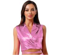 Sywiyi Camiseta de tirantes para mujer, metálica, sin mangas, camiseta corta, top envolvente, camiseta, discoteca, danza, jazz, fiesta temática, Rosa., L