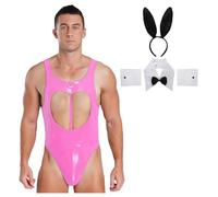 Sywiyi Disfraz de conejito para hombre, sexy, lencería, ropa de noche, de una pieza, de charol, con accesorios, disfraz de juego de rol, color rosa, XXL