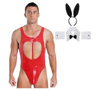 Sywiyi Disfraz de conejito para hombre, sexy, lencería, ropa de noche, de una pieza, de charol, con accesorios, disfraz de juego de rol, color rojo, XL