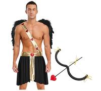 Sywiyi Disfraz de Cupido de Dios del Amor para hombre, falda corta con alas de ángel, flecha, arco temático, San Valentín, disfraz de carnaval, color negro, S