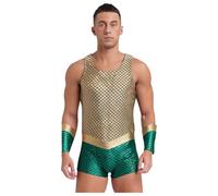 Sywiyi Disfraz de Dios del Mar para hombre, disfraz de Neptuno, Halloween, carnaval, disfraz, escamas de pescado, bodysuit con calentadores dorados, talla L
