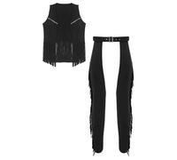 Sywiyi Disfraz de vaquero occidental para hombre, chaleco de ante, sin mangas, chaqueta, pantalones, cubrepantalones con flecos, disfraz de fiesta temática de Halloween, color negro, M