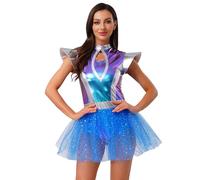 Sywiyi Disfraz espacial para mujer, traje de astronauta, vestido con falda tutú, vestido metálico, sin mangas, Halloween, carnaval, disfraz azul, B S