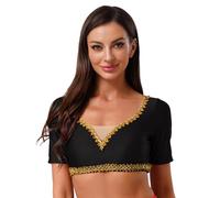 Sywiyi Top corto para mujer, sin vientre, para danza del vientre, disfraz de manga corta, blusa, camiseta, escenario, disfraz de danza, Negro , S