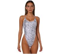 Sywiyi Traje de baño brillante para mujer con estampado de cebra, traje de baño de una pieza de corte alto, espalda descubierta, traje de baño de verano, Blanco, M