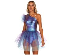 Sywiyi Vestido corto de sirena metálico para mujer, con escamas de pescado, tutú, vestido de fiesta, sin mangas, carnaval, fiesta temática, disfraz azul, L