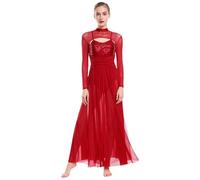 Sywiyi Vestido de danza con lentejuelas para mujer, manga larga, vestido de ballet, maillot con falda de malla, vestido maxi para danza mordern danza lírica, granate, L