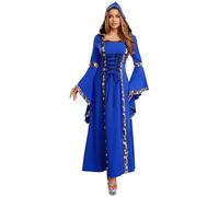 Sywiyi Vestido gótico para mujer, largo con capucha, con cordones, ropa medieval, renacimiento, juego de rol, carnaval, disfraz azul oscuro, XL