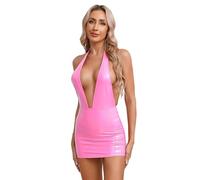 Sywiyi Vestido Sexy de Mujer Mini Corto y Ajustado con Cuello Halter, Vestido de Lápiz Sin Espaldas, de Ante Sintético con Cuerpo de V Profundo, Vestido de Fiesta para Club, a rosa, XXL