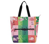 SyXIOP Bolsa de libros para los amantes de los libros, diseño de flamenco colorido a cuadros, bolsillo externo con cremallera, bolsa de hombro con cremallera para la escuela, compras, comestibles para