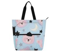 SyXIOP Bolsa de mano para niños, estudiantes y adultos, lindo oso rosa de dibujos animados, bolsas de hombro grandes con bolsillos con cremallera para la universidad, compras, playa, bolsa de tela