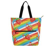 SyXIOP Bolsa de mano para niños, mujeres y hombres, diseño de dibujos animados de fresa y arco iris, bolsa de compras reutilizable para niñas grandes, bolsa de compras con cremallera para la escuela