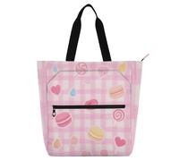 SyXIOP Bolsa de mano para niños, niñas y adultos, lindas líneas de personajes rosados, bolsa de compras reutilizable para niñas grandes, bolsa de compras con cremallera para la escuela, compras