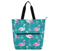 SyXIOP Bolsa de mano para niños y adultos, elegante diseño de flamenco, melocotón, cian, bolsa grande para biblioteca con asas de cremallera, para la escuela y el tiempo de juego