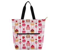 SyXIOP Bolsa de mano para niños y niñas, diseño de rayas rosas, pastelería francesa, frutas 600D, tela Oxford, bolsas de mano con bolsillos interiores para escuela, trabajo, viajes, tela para