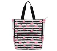 SyXIOP Bolsas de mano para niños y adultos, diseño de flamenco, rayas blancas y negras, bolsillo externo con cremallera, bolsa de compras reutilizable con cremallera para la escuela, compras, viajes